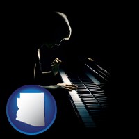 arizona map icon and a concert pianist playing a piano