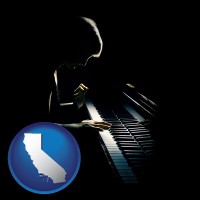 california map icon and a concert pianist playing a piano