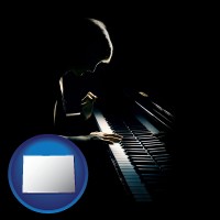 colorado map icon and a concert pianist playing a piano