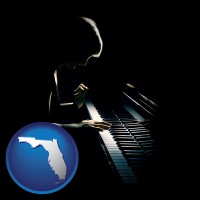 florida map icon and a concert pianist playing a piano