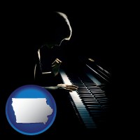 iowa map icon and a concert pianist playing a piano