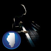 illinois map icon and a concert pianist playing a piano