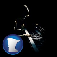 minnesota map icon and a concert pianist playing a piano
