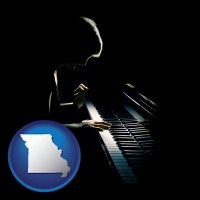 missouri map icon and a concert pianist playing a piano