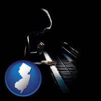 new-jersey map icon and a concert pianist playing a piano