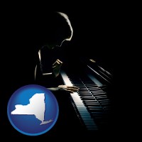 new-york map icon and a concert pianist playing a piano