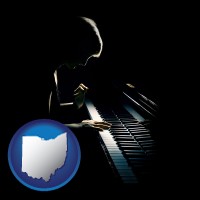 ohio map icon and a concert pianist playing a piano