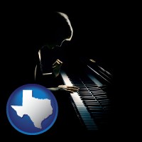 texas map icon and a concert pianist playing a piano