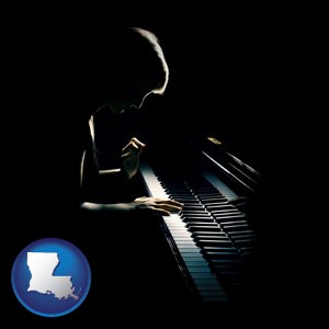 a concert pianist playing a piano - with Louisiana icon